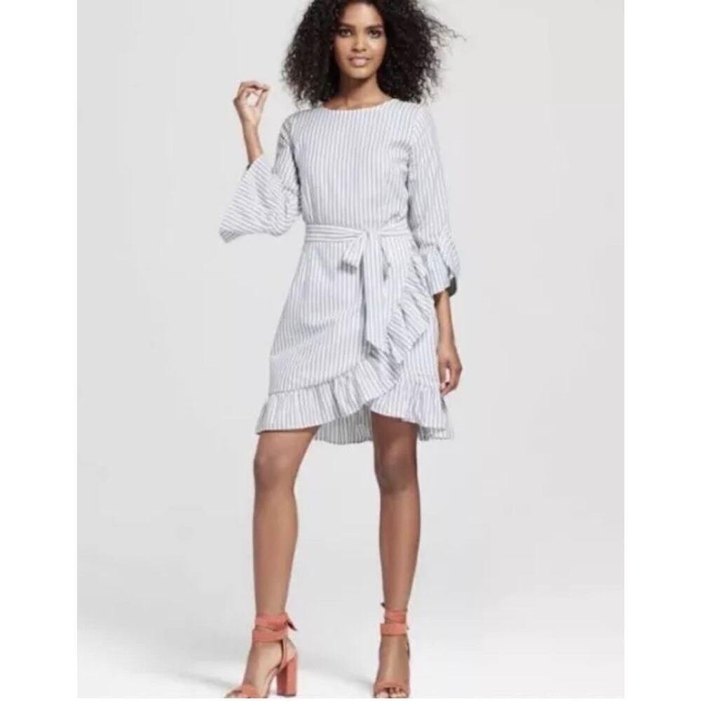 Who What Wear Blue White Stripe Wrap Dress XS Ruffle Hem Casual Summer Style
